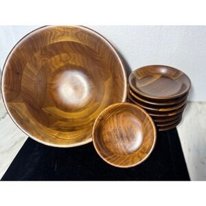 Vermillion Real Walnut Wood Salad Bowl Set 9pc Mid Century Modern Serving Set